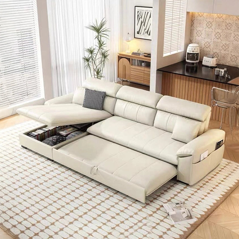 Cream leatherette L-shape with storage — sofa cum bed, convertible couch bed, L shape