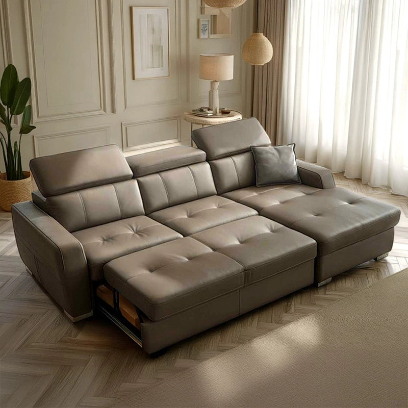 Taupe leatherette sofa cum bed design with tufted seat, convertible couch sleeper, L-shape