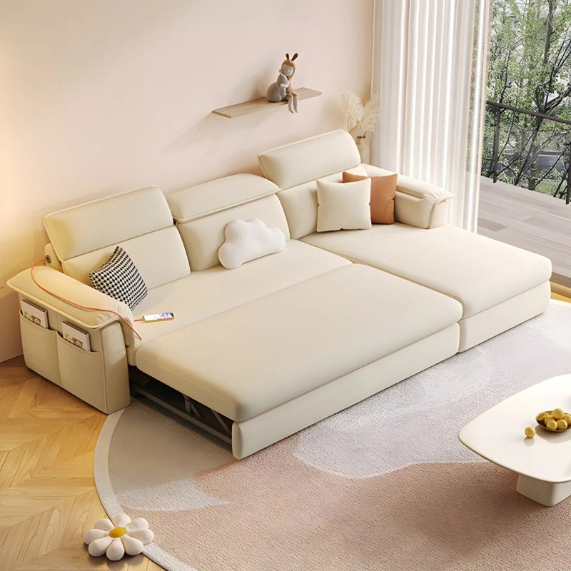 Beige L-shaped sofa cam bed with side pockets, sofa cum bed couch, 3+L sectional