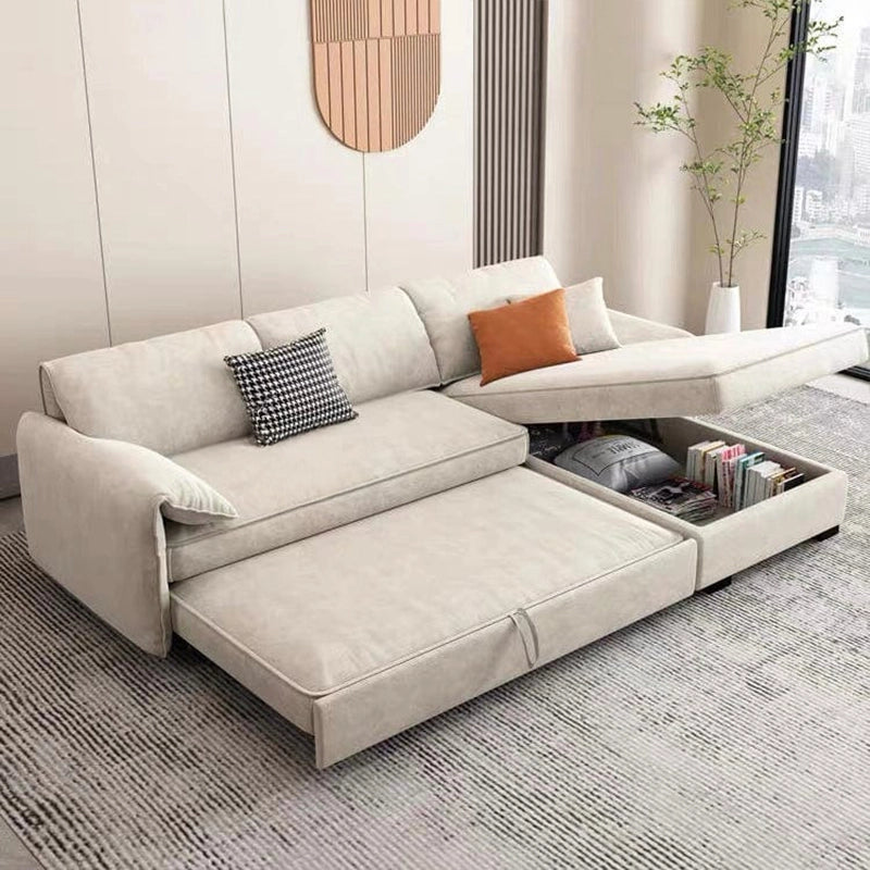 Light beige L-shape convertible design + sofa cum bed + l shape sofa cum bed + fabric couch