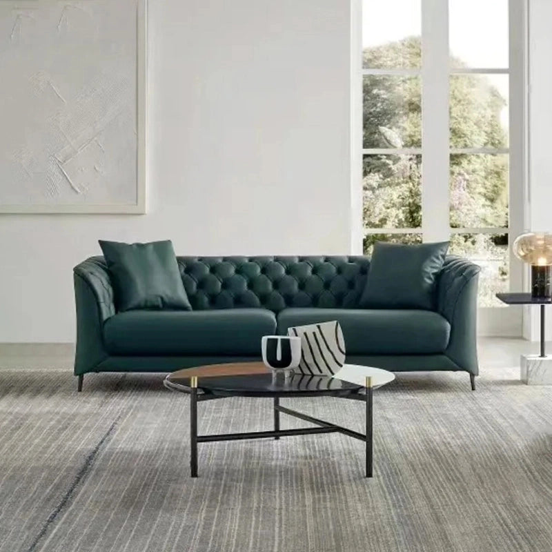Emerald green leather sofa with button-tufting, premium sofa, couch set design, 3 seater