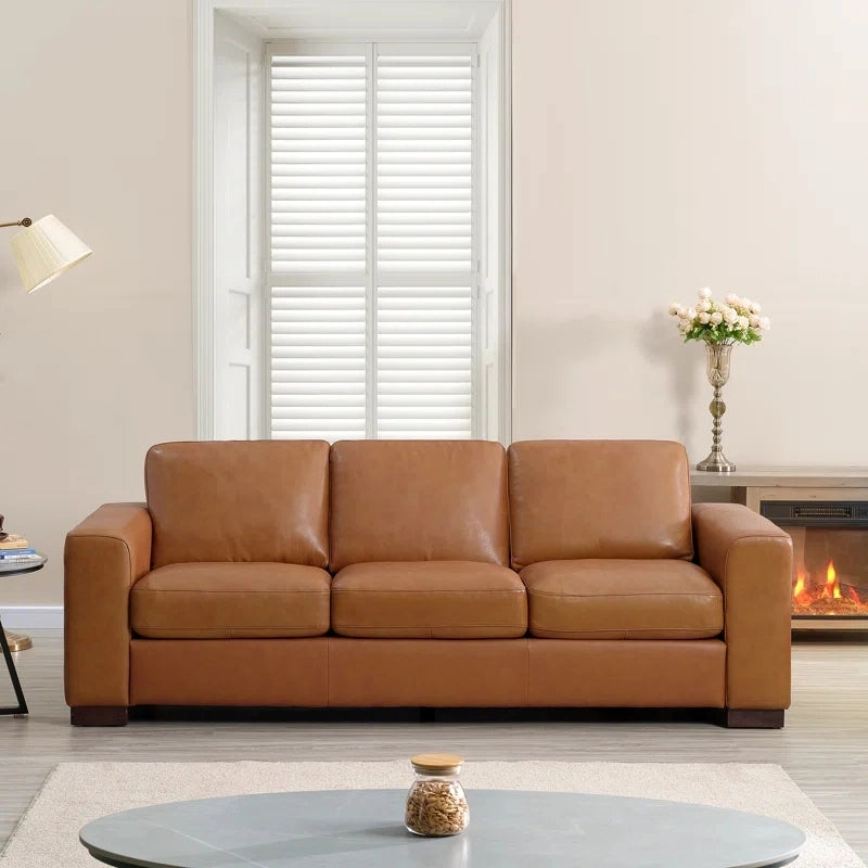  Cognac leather finish with premium sofa design + pure leather couch + 3 seater + dark wood legs