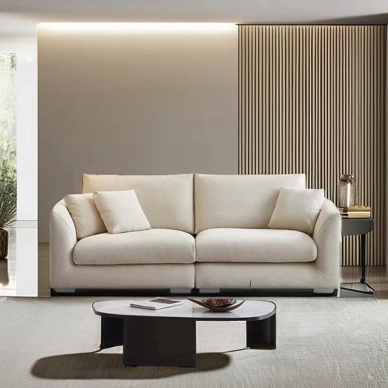 Beige couch with overstuffed cushions, l shape couch, designed sofa set, fabric upholstery