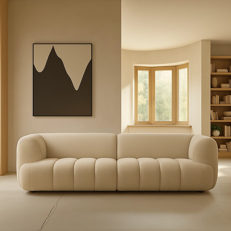 Rounded tufted couch in cream – modern sofa design, stylish sofa design