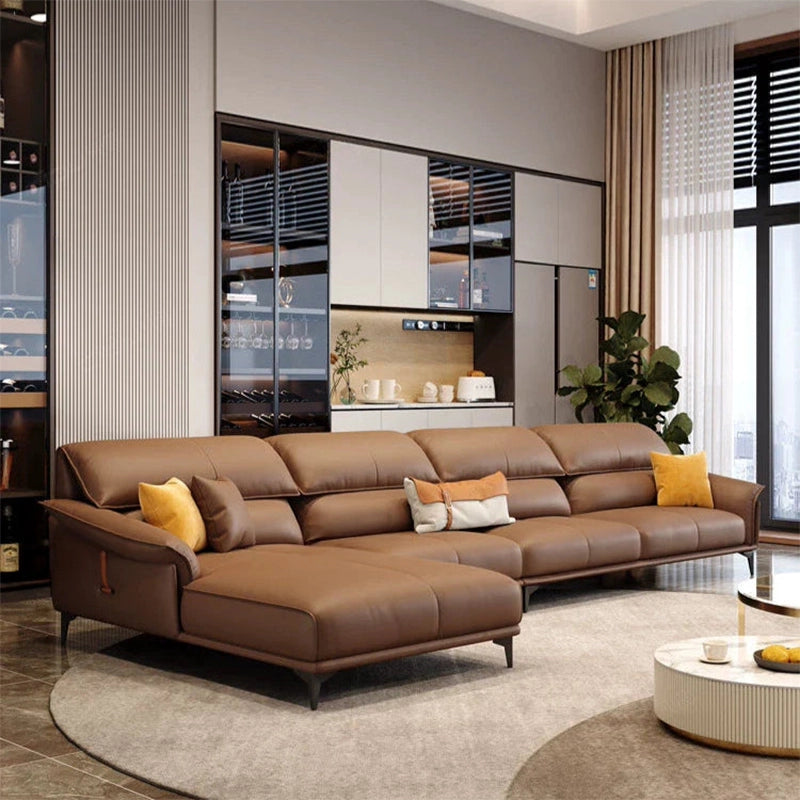 L-shaped leather couch with adjustable headrest, pure leather sofa, premium sofa – brown