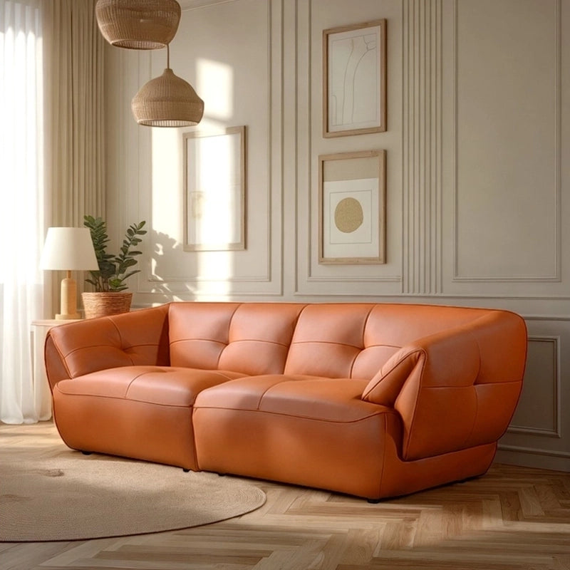 Tan leather sofa image with sculpted armrest, pure leather couch and contemporary sofa design