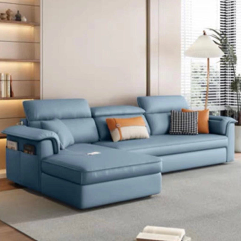 Pull-out sleeping surface shown, sleeper sofa detail, l shape sofa cum bed, premium finish - blue