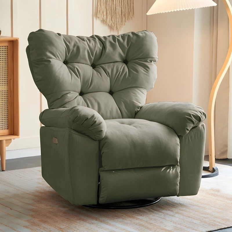 The Moss recliner exemplifies relaxed luxury with its velvety-soft fabric, circular swivel base, and deeply cushioned seat profile.
