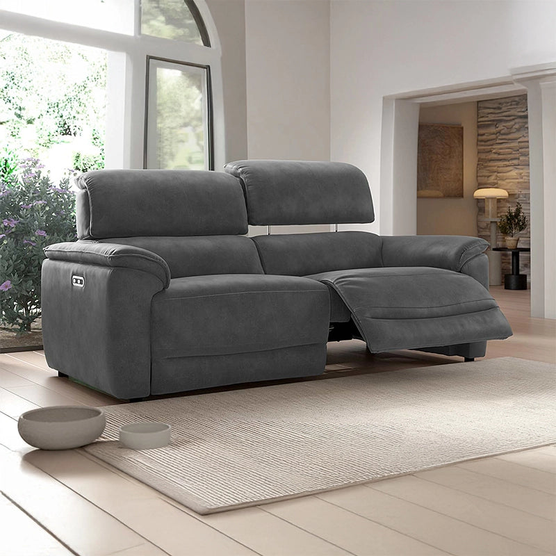 Electric power recliner couch in charcoal grey, couch and recliner set, faux suede finish