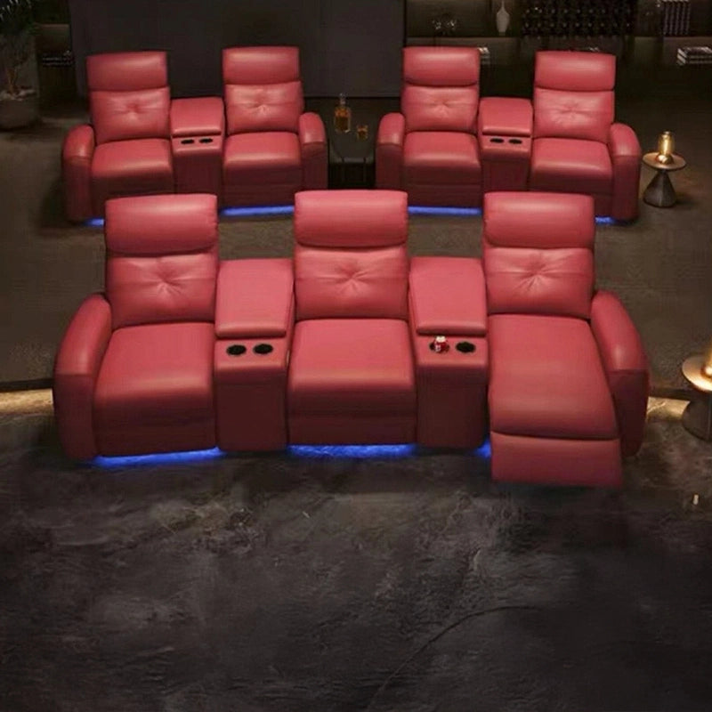 LED-lit armrests with flip-up storage in home theater recliner sofa and home entertainment couch