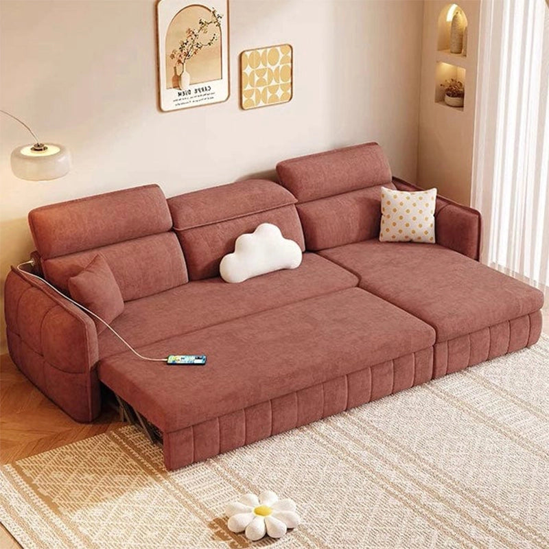 Brown faux leather variant showing pull-out bed, sleeper sofa, sofa bed design, L-shape, low base