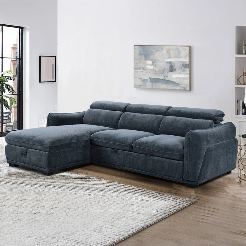  Denim blue fabric surface, L-shaped layout – sofa cum bed design, sofa cum bed bangalore
