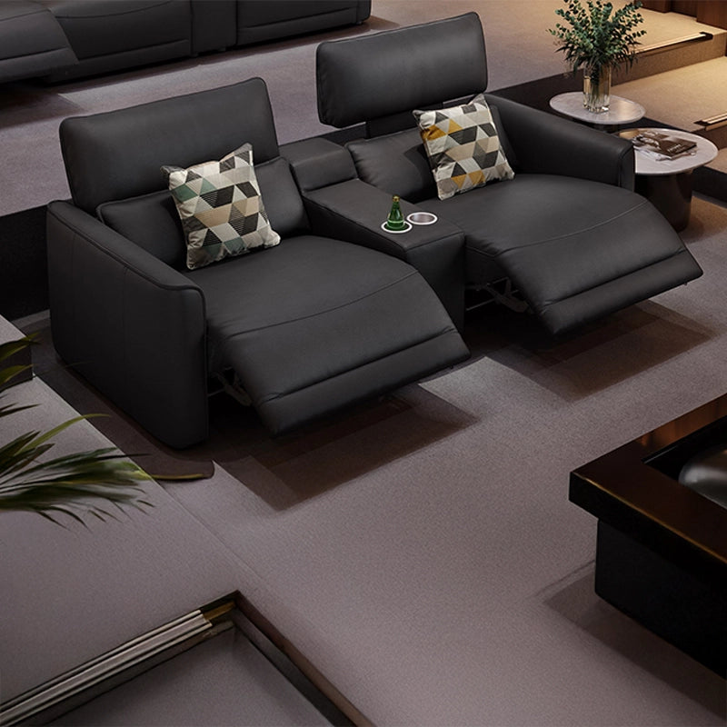 Black home cinema couch with center console, theater recliner, home entertainment couch