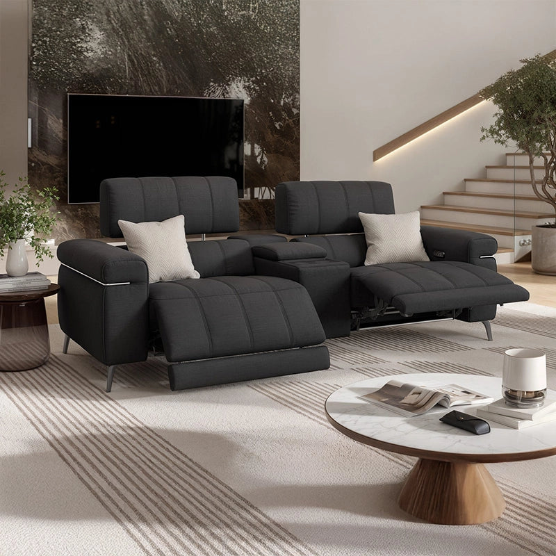 Center console with cup holders and USB port, reclining movie seat, theater sofa seating, wine red tone