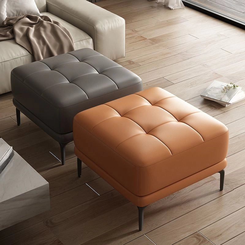 Square leatherette footstool with tufted top, pouffe ottoman, ottoman stool, black metal legs