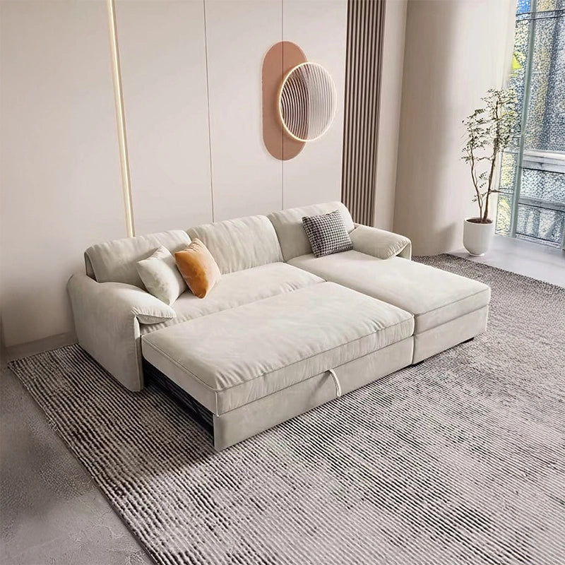 Pull-out bed showing cushion layer + convertible sofa bed + sleeper sofa + beige finish