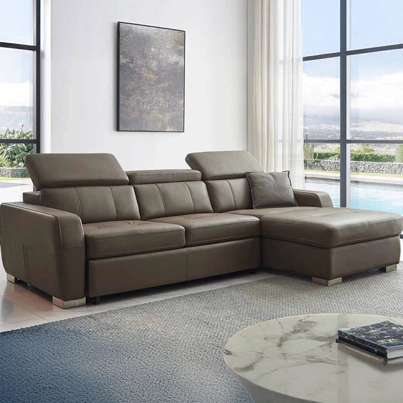 Adjustable headrests on L-shape sofa cum bed, settee bed form with chrome legs and padded arms