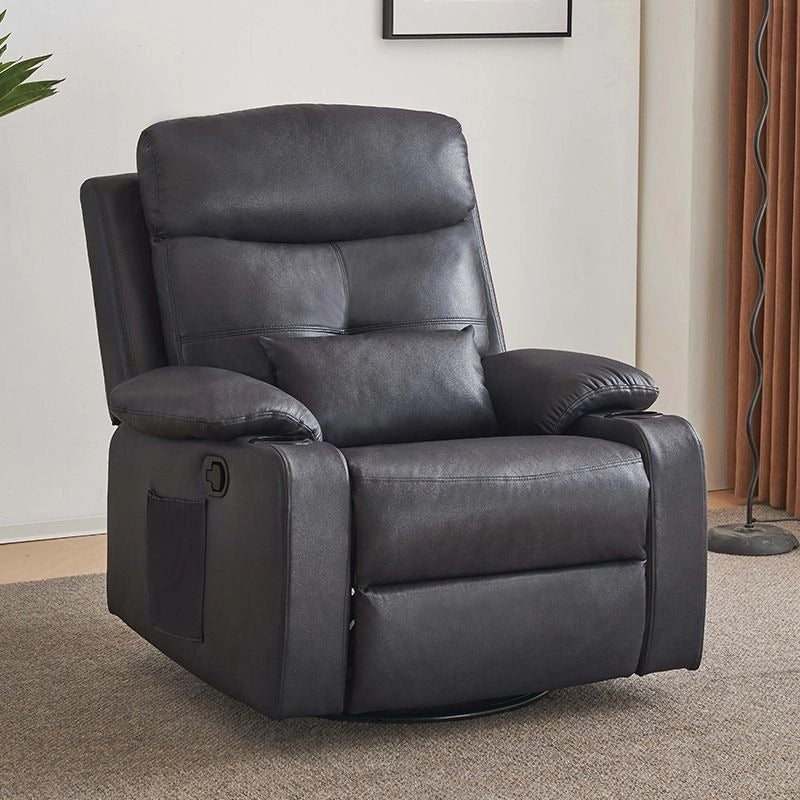 Charcoal grey recliner with cup holders, recliner chair and transitional design, leatherette finish