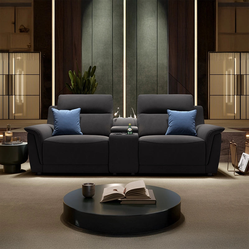 Charcoal suede fabric recliner photo, home theater chairs, home entertainment couch