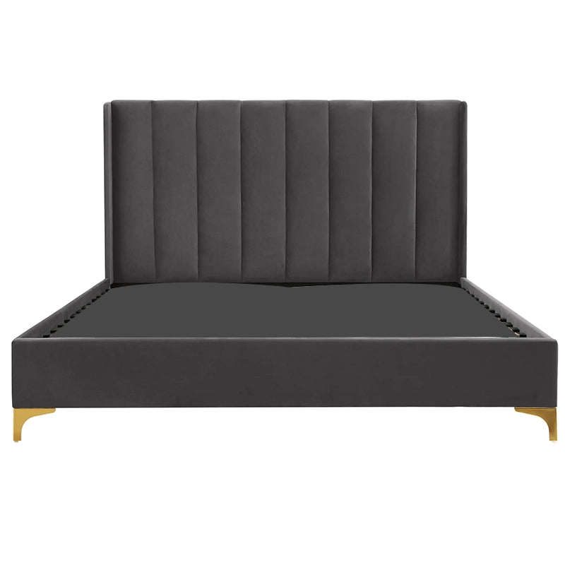 Its tall, wingback headboard with vertical channel tufting delivers a sophisticated presence in any master bedroom bed design. 