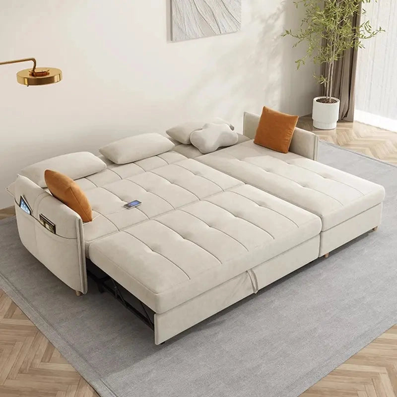 Pull-out bed extended with soft cushions – couch sleeper + convertible sofa bed