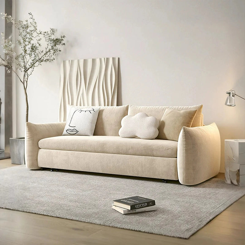 Pull-out couch in beige, convertible sofa bed, sleeper sofa, cloud pillow detail