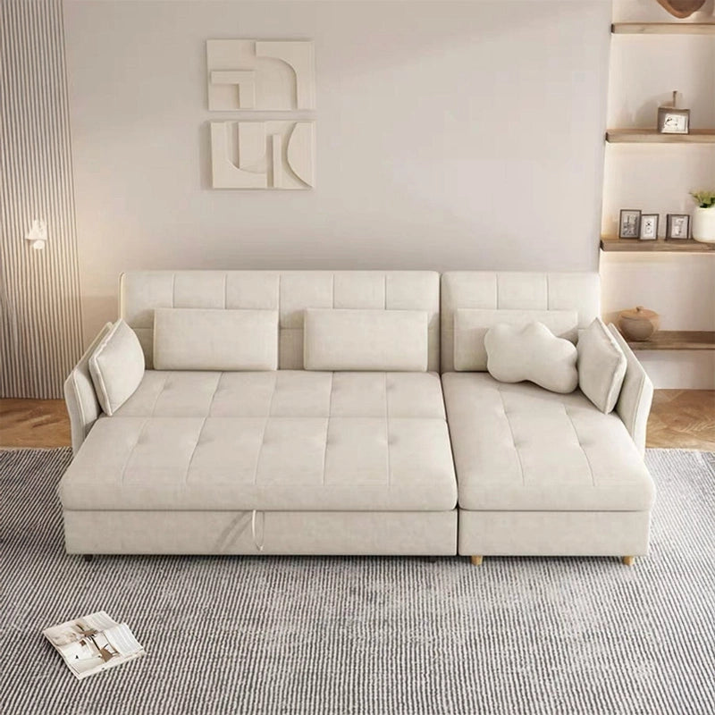 Beige sofa bed couch with cloud pillow – sofa cumm bed style – plush fabric, L-shape seating