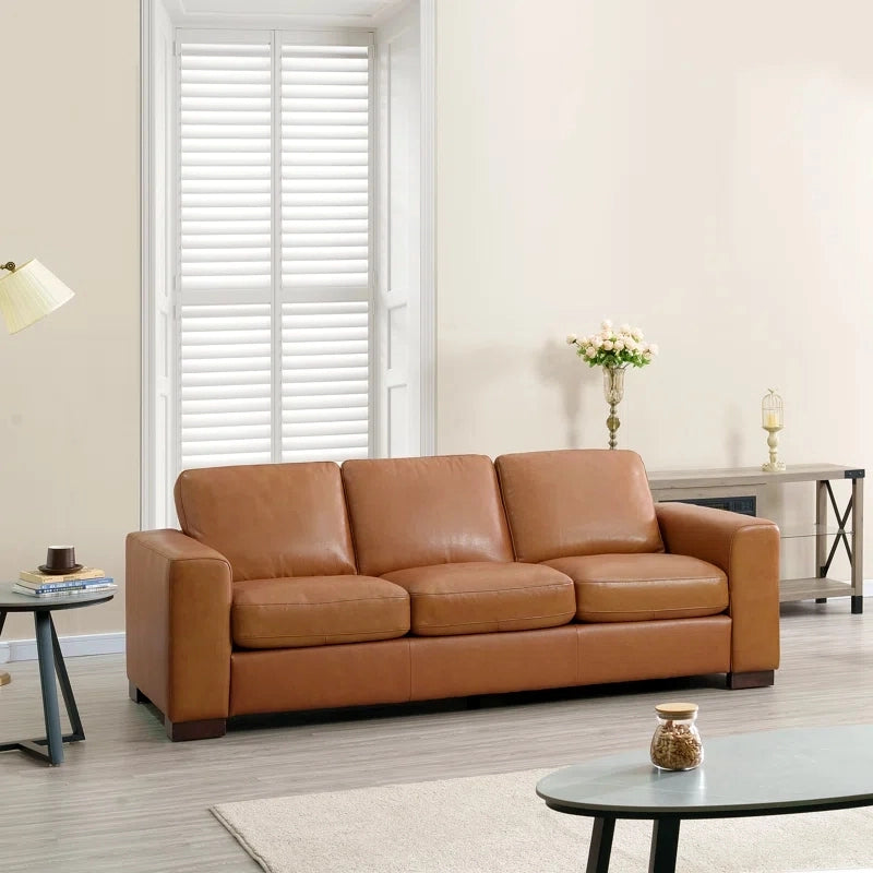 Wide armrest and modern silhouette + luxury sofa design + 3 seater + tan leather upholstery