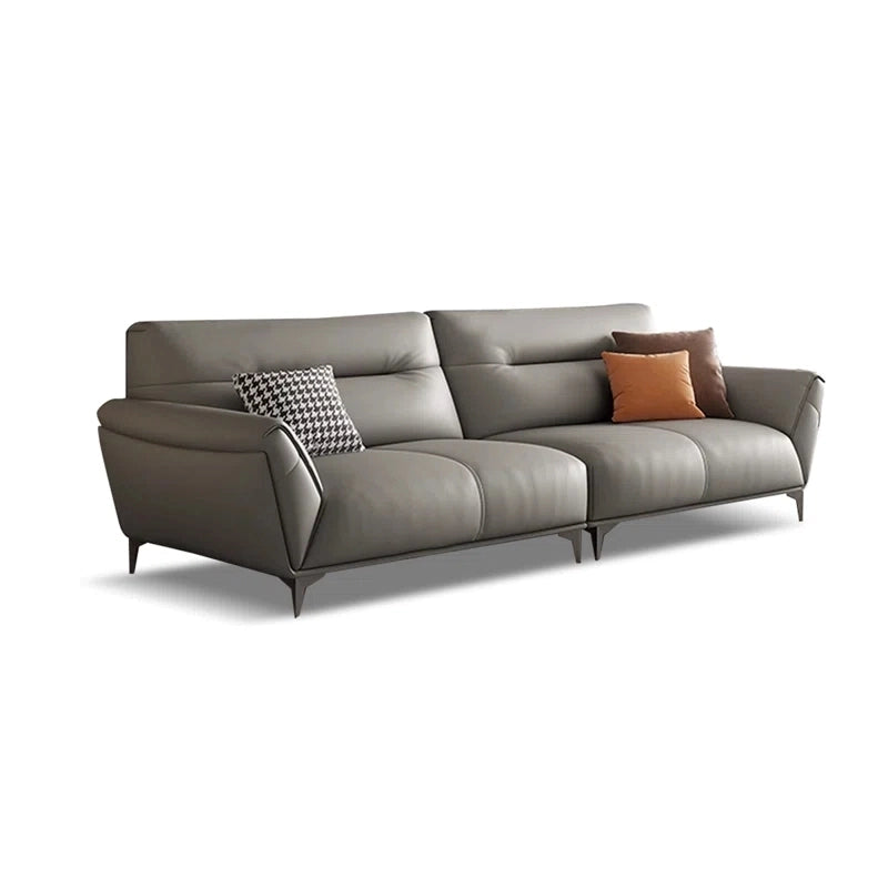 Grey leather finish and flared arms – stylish sofa design and sofa set design