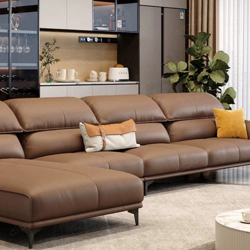 Modern designer sofa in tan leather with side loops, contemporary sofa design – L shape 