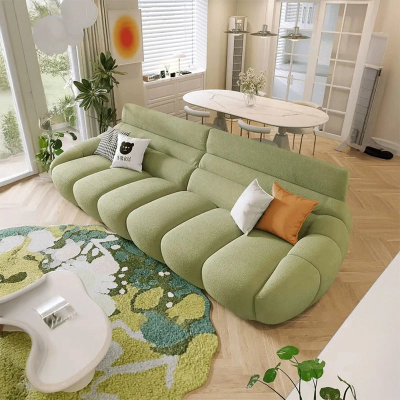 Soft boucle-texture image, stylish sofa design, fabric sofa, modern couch, sage green