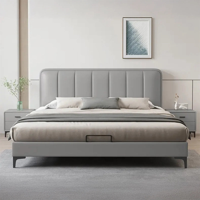  Side profile showing tapered black legs, bed frame, new bed design, grey finish