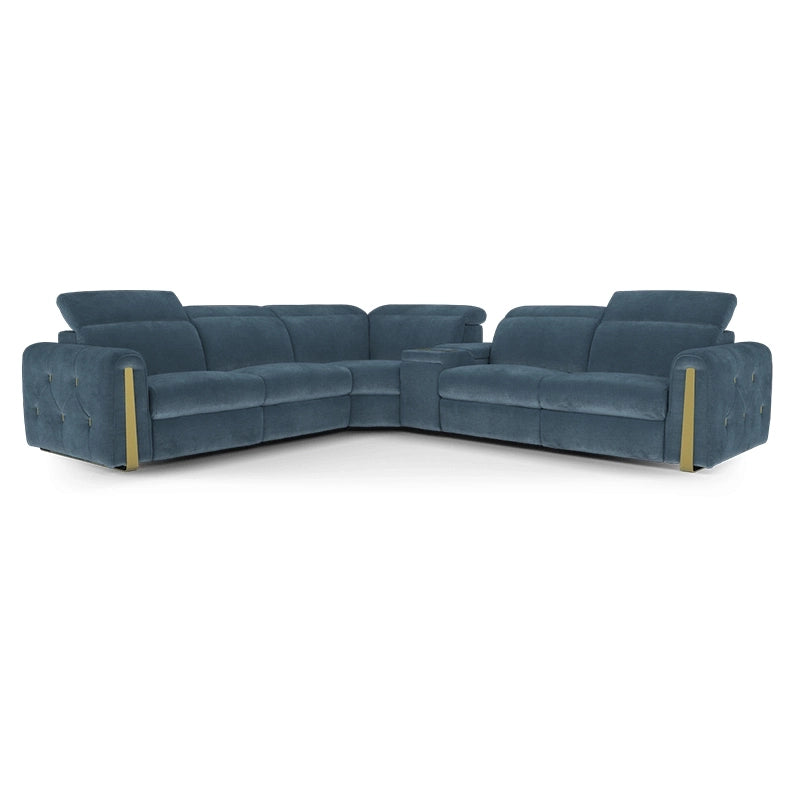 Segment-padded backrests and chaise footrests deliver ergonomic support, making each piece ideal as a reclining sofa or a compact 2+corner+console+2 settee.