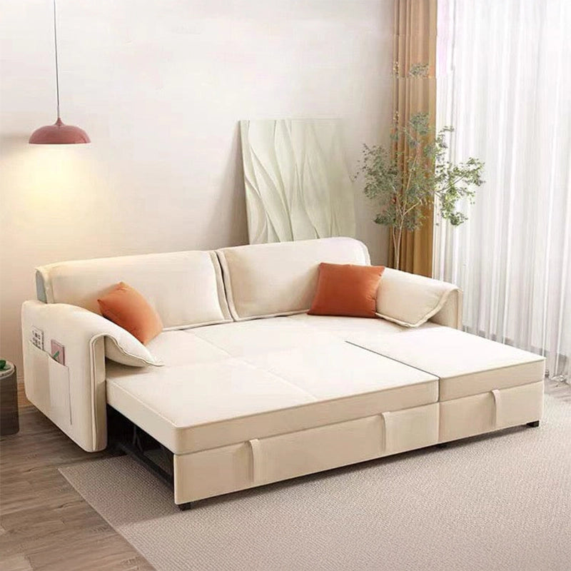 Minimalist sofa cum bed design with throw pillows, convertible couch sleeper, cream tone