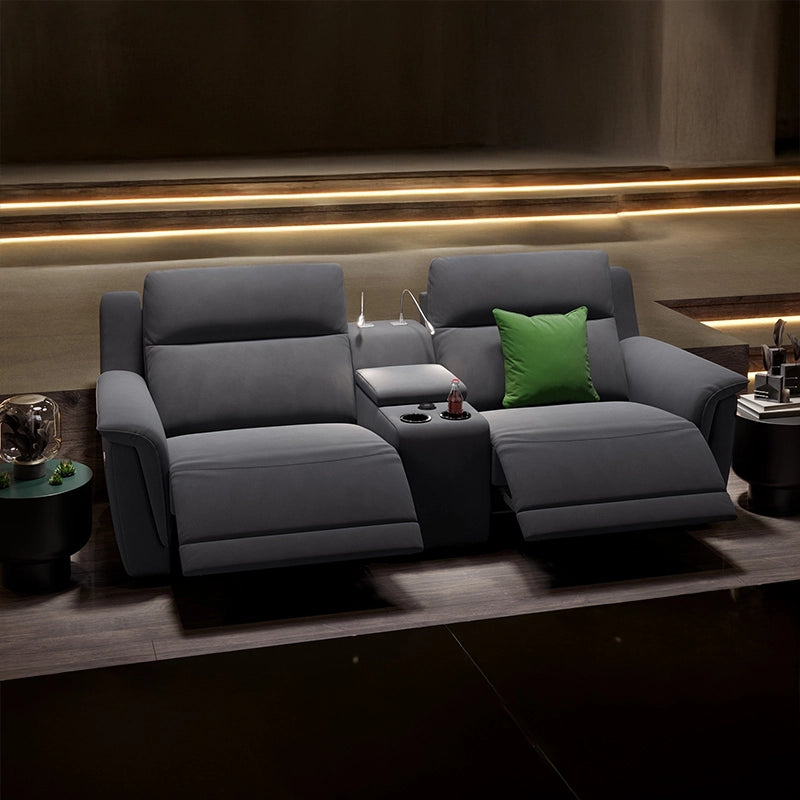 Flip-top console with cup holders image, reclining movie seat, home cinema recliner