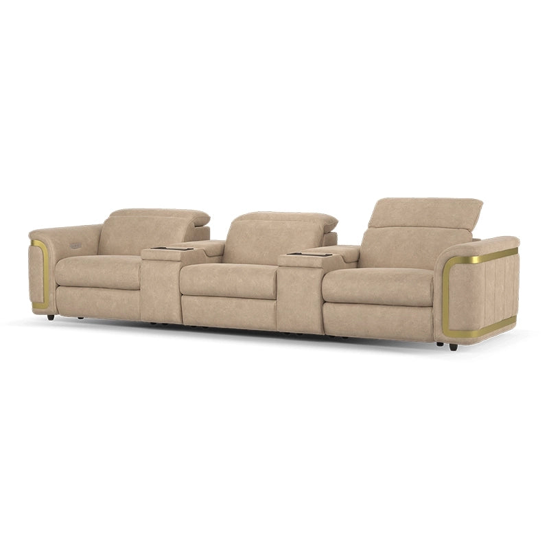 Zion blends a sleek modular frame with velvet upholstery to create a couch and recliner set tailored for Indian family rooms - 3+console