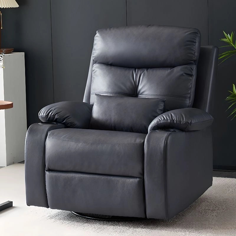 Light grey leatherette recliner with lumbar support, couch with a recliner and American styling, deep seating