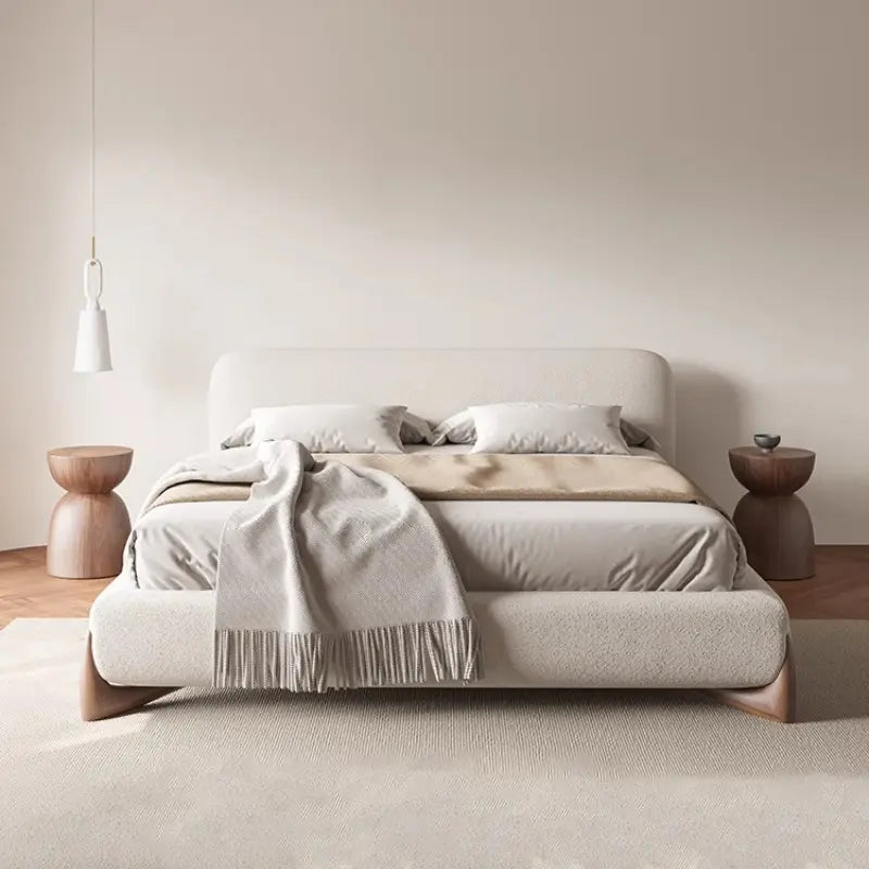 Rounded footboard designer image + bed online + wooden base – beige fabric