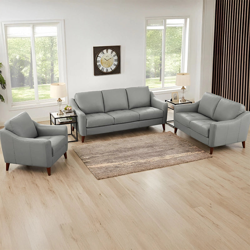 This handcrafted couch set includes a 3 seater sofa, 2 seater couch, and 1 seater armchair—each framed in durable neem wood with medium-clearance walnut-finished legs.