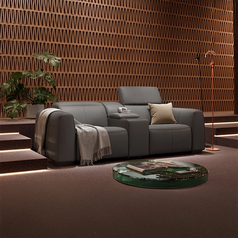  LED lights near footrest – theater sofa seating, home theater chairs – grey leather, modern build