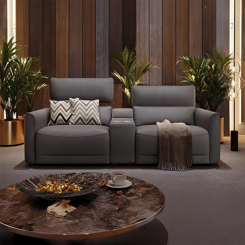 Dual grey leather seats with leg rest, home cinema recliner sofa, theater sofa seating