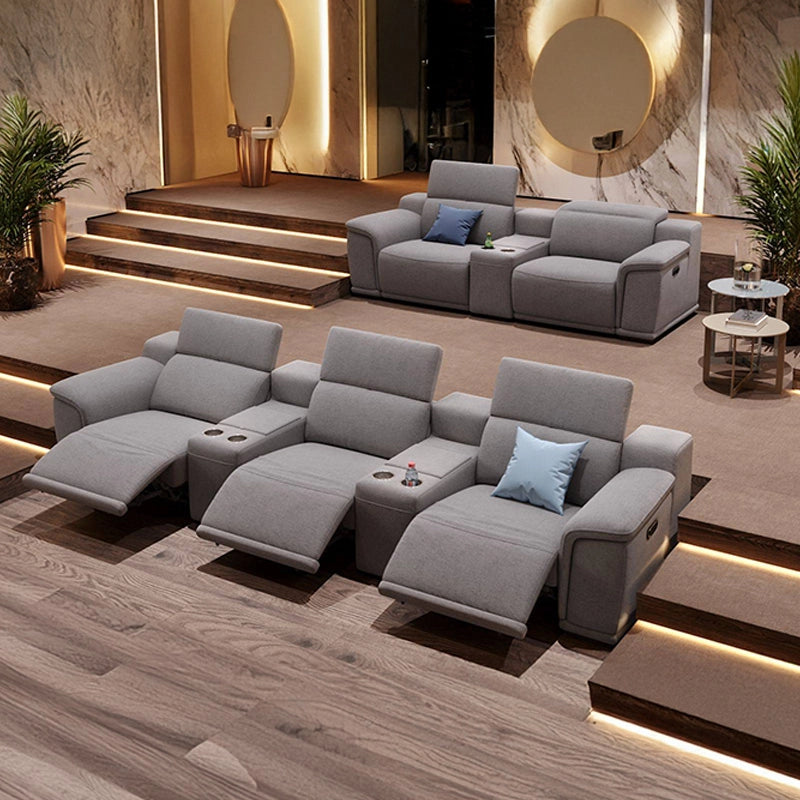 LED-lit cupholders and console with home theater chairs and home cinema recliner sofa, grey