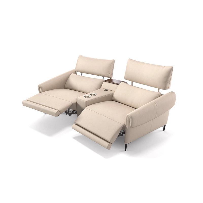 The electric recline function adjusts both headrests and footrests, while integrated LED-lit cup holders, USB ports, and center consoles with storage enhance cinematic comfort.