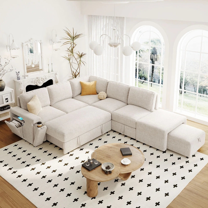 Close-up of USB armrest feature with stitched side pocket – L shape sofa bed couch