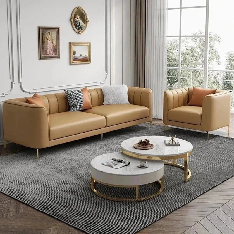 Beige sofa with throw cushions and sleek base – latest sofa design + settee design – 3 seater, faux leather