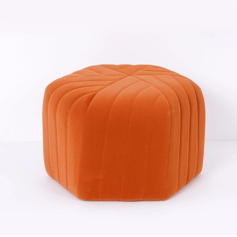 Orange pouffe photo showing pouf seat and fabric ottoman features
