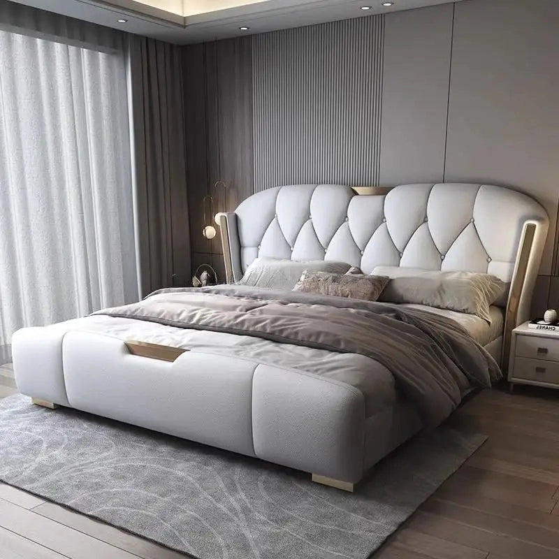 Full view photo of bed and cot showing master bedroom bed design with plush finish
