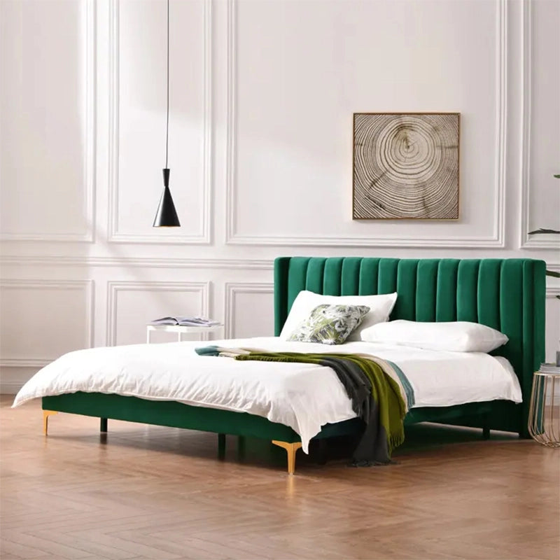 Green velvet bed with gold metal legs, bed and cot, modern bed design