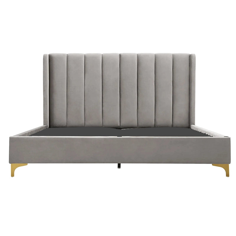 Gold metal legs and low base + modern bed design + bed and cot + boucle grey