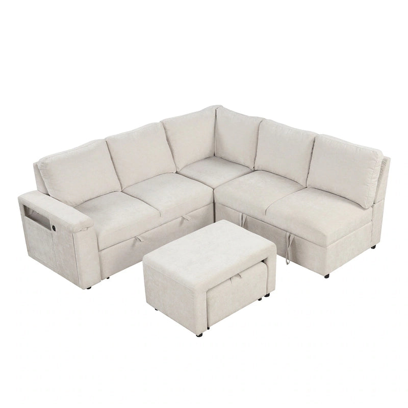 Full view of nesting ottoman and pull-tab design – convertible sofa cum bed